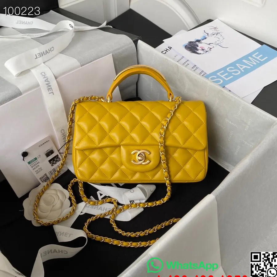 Chanel Mini Bolsa Com Aba Com Alça Superior 20cm As2431 Couro De Cordeiro Coleção Outono/inverno 2022, Amarelo