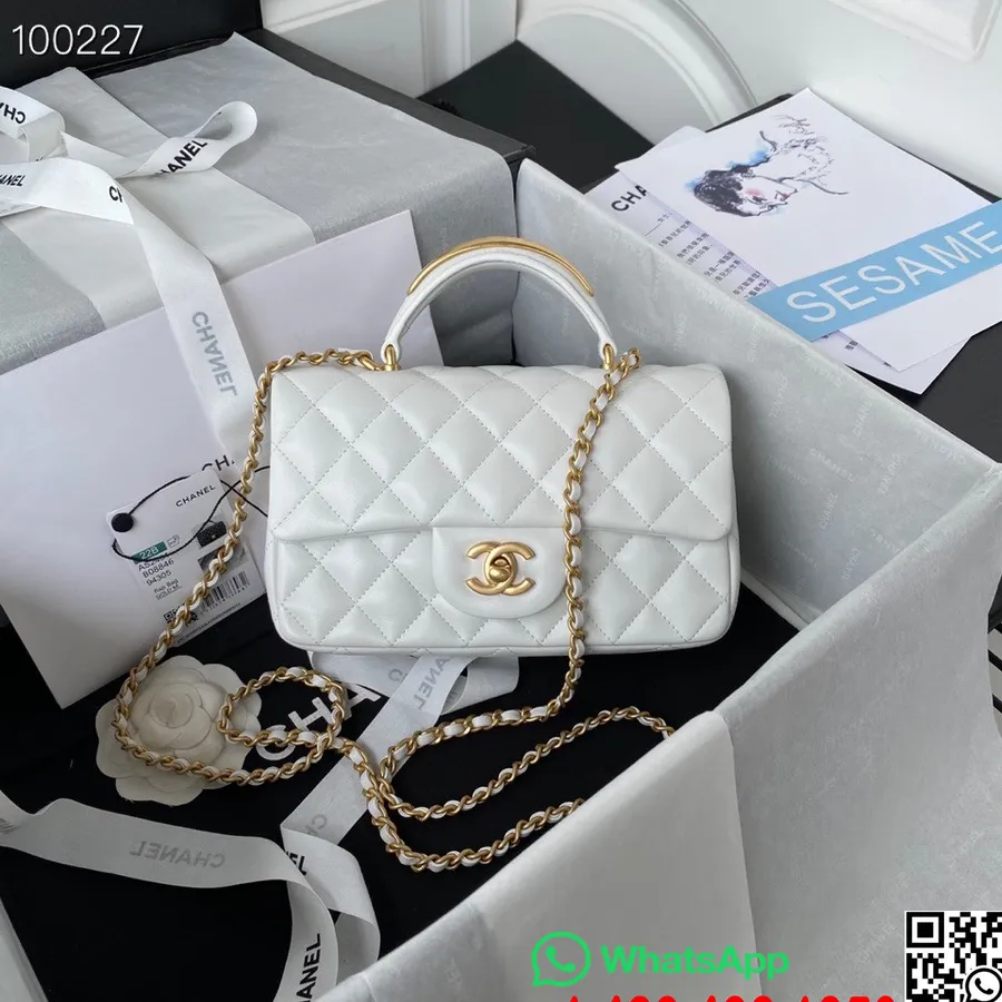 Chanel Mini Kapaklı üst Saplı çanta 20cm As2431 Kuzu Deri Sonbahar/kış 2022 Koleksiyonu, Beyaz