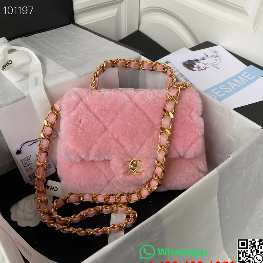 Chanel 2way Sac à Rabat 23cm As3499 Fourrure De Mouton Retournée Cuir D'agneau Matériel Doré Collection Automne/hiver 2022, Rose