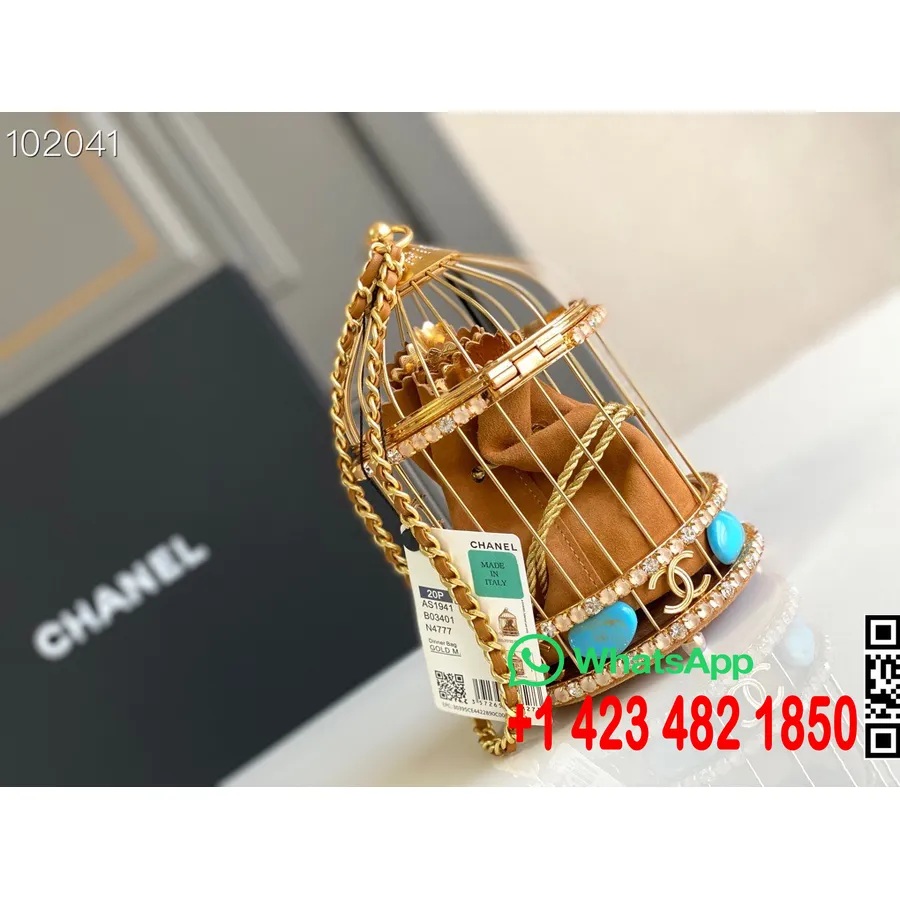 Chanel Bird Cage Evening Bag  20cm Lambskin Leather Fall/Winter 2020 Collection, Gold/Tan