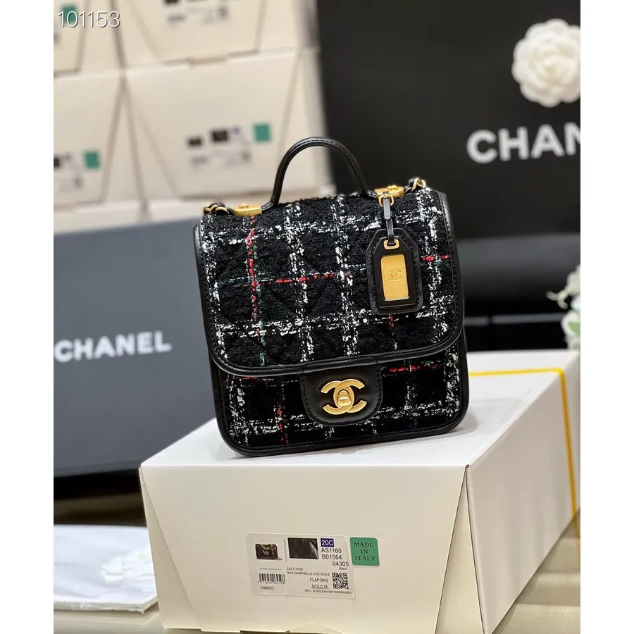 Chanel Kapaklı üst Saplı çanta 20cm As3652 Tüvit/kuzu Deri Altın Donanım Sonbahar/kış 2022 Koleksiyonu, Siyah