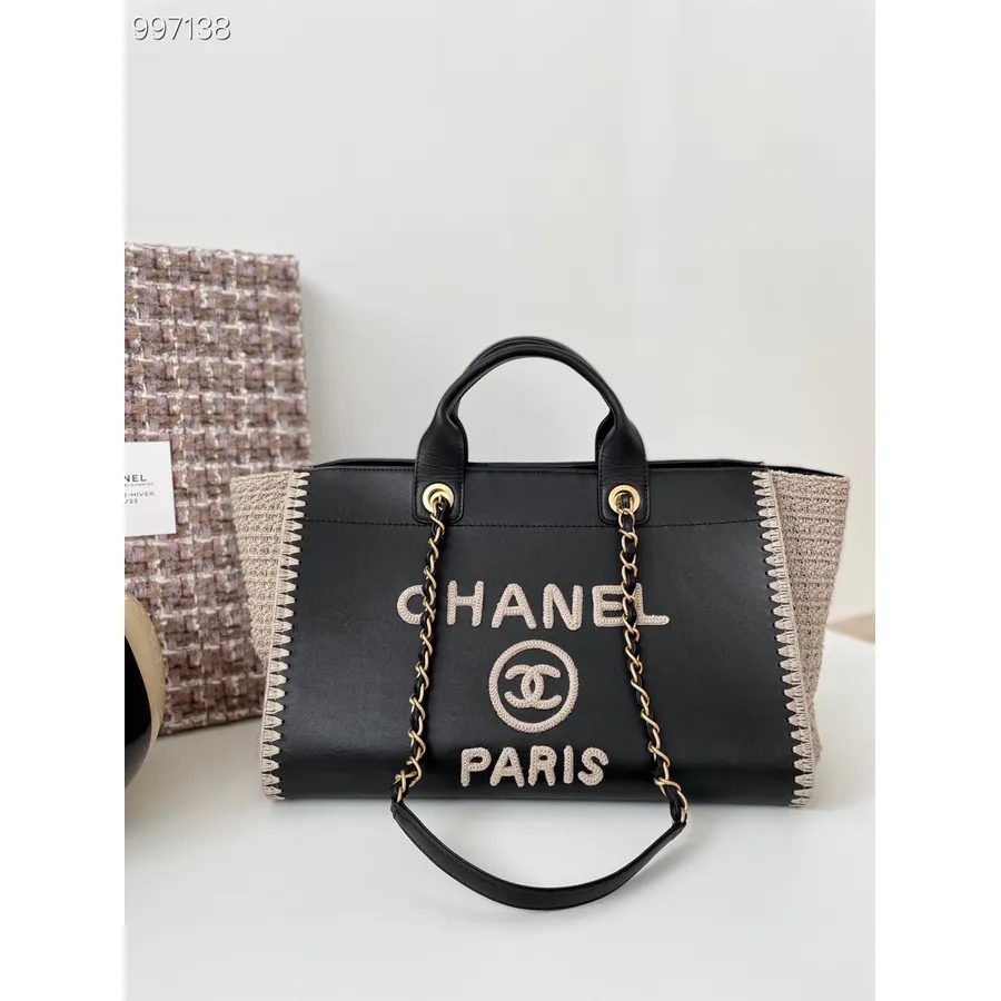 Chanel Deauville Bag 38CM Tweed/Smooth Calfskin Leather Spring/Summer 2022 Collection, Black/Beige