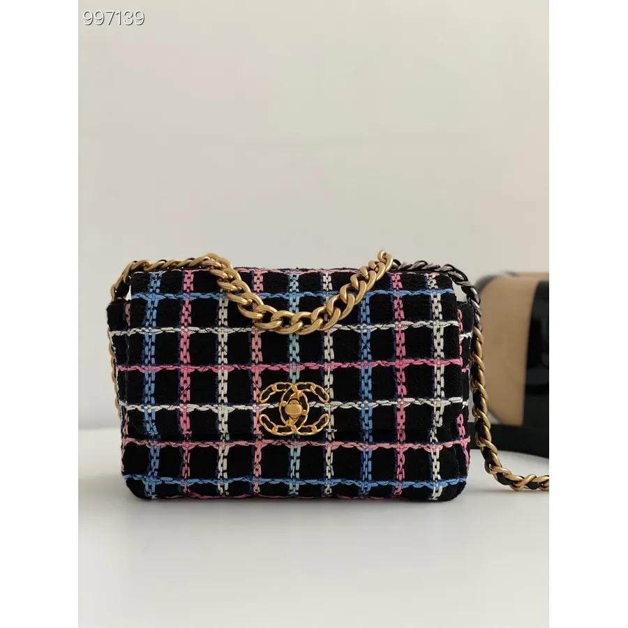 Chanel 19 Väska 26cm Tweed Läder Vår/sommar 2022 Kollektion, Svart/rosa