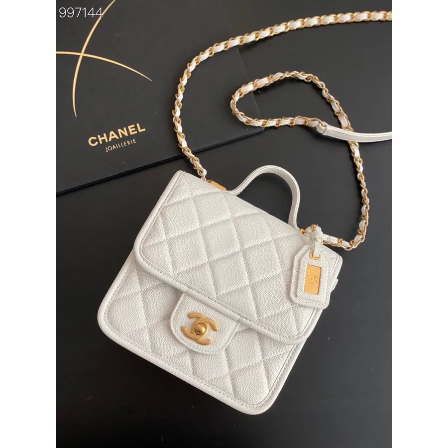 Chanel Mini Saplı Zincir çantalı El çanta 18 Cm Damarlı Dana Deri İlkbahar/yaz 2022 Koleksiyonu, Beyaz