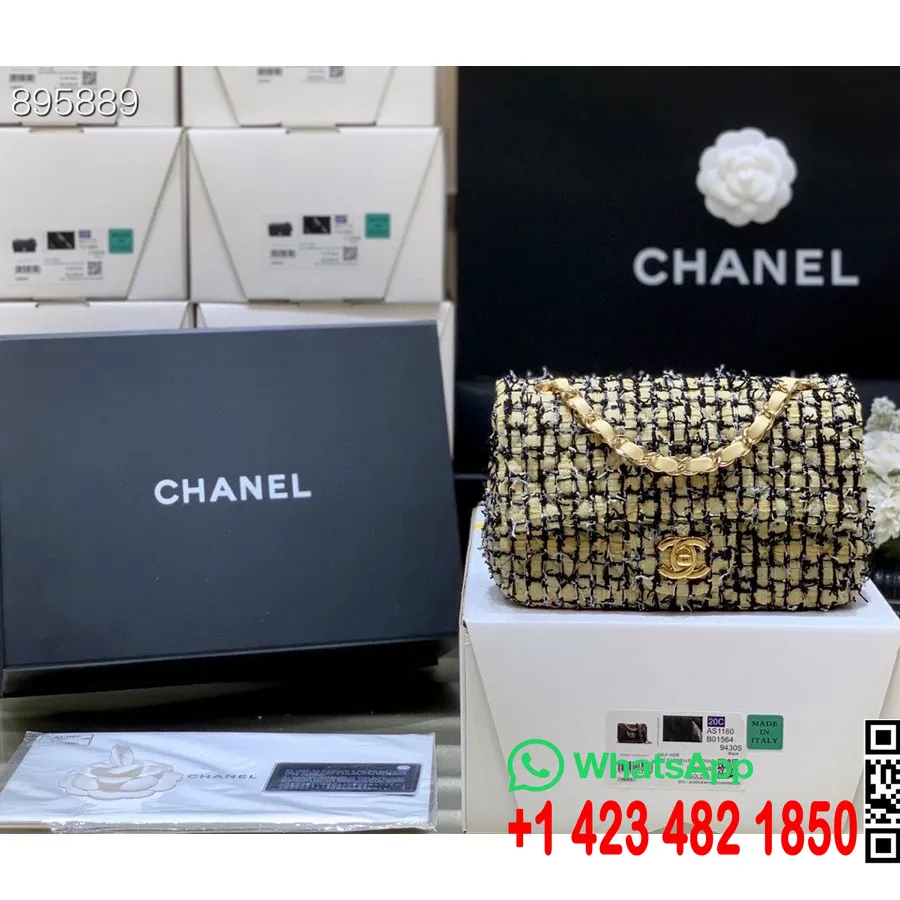 Chanel Tweed Mini Bolsa De Ombro Com Aba 20cm A69900 Couro De Cordeiro Dourado Hardware Coleção Primavera/verão 2022, Amarelo