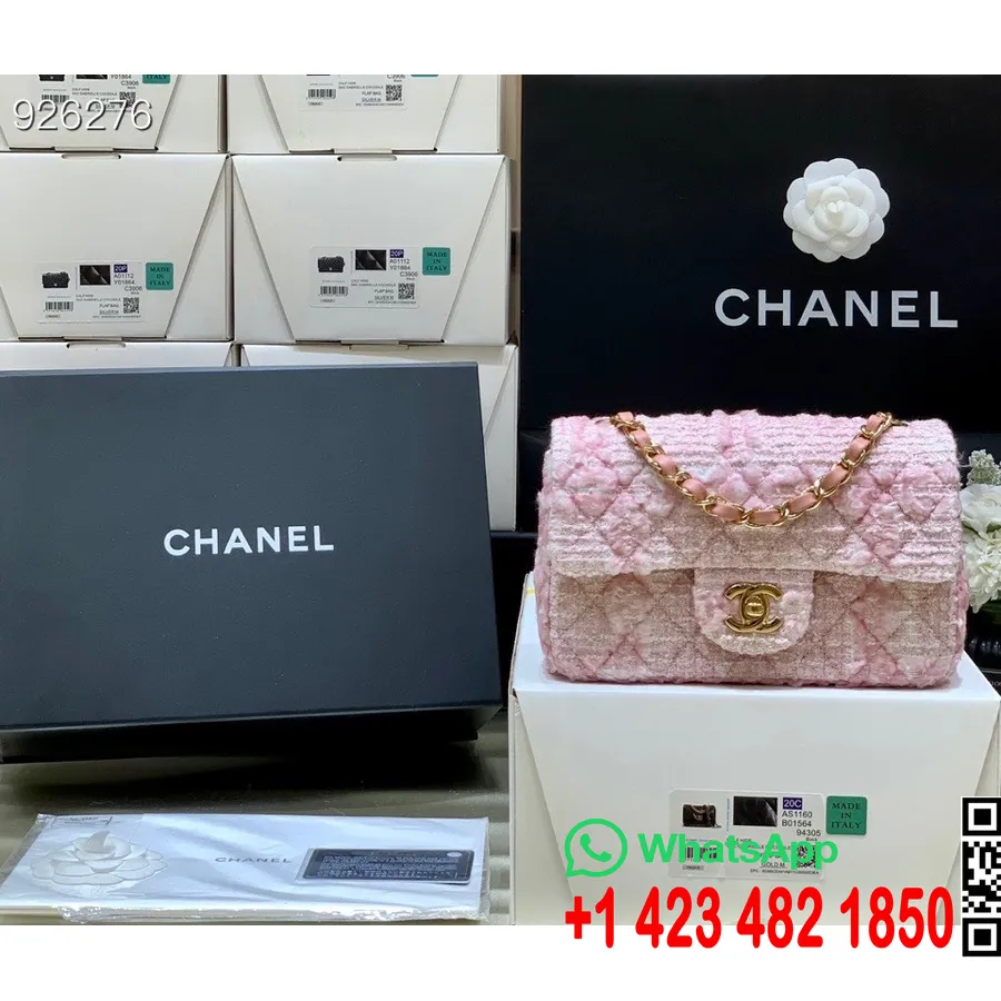 Chanel Tweed Mini Bolsa De Ombro Com Aba 20cm A69900 Couro De Cordeiro Dourado Hardware Coleção Primavera/verão 2022, Rosa