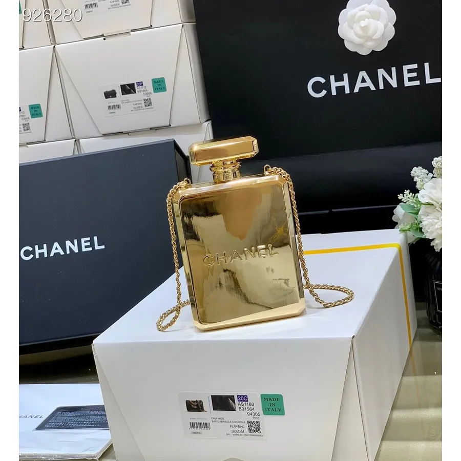 Chanel Perfume Bag 16cm AS3263 Lambskin Leather, Plexi & Gold-Tone Metal Gold Hardware Spring/Summer 2022 Collection, Gold