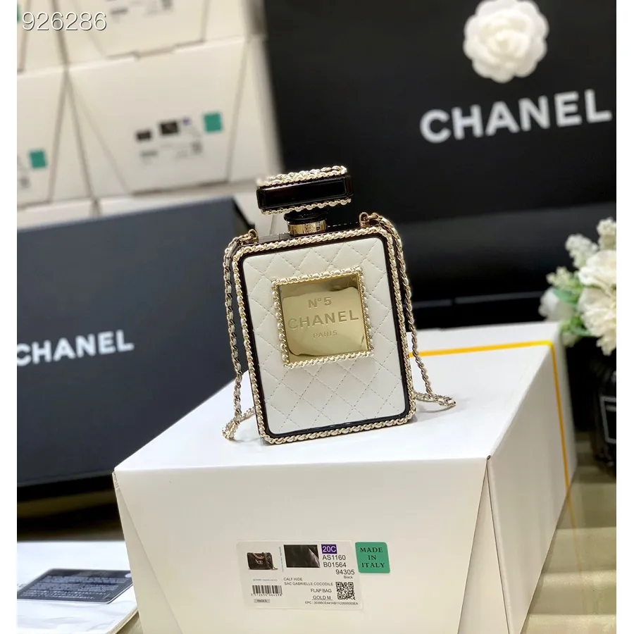 Chanel Parfüm çantası 16cm As3263 Kuzu Derisi, Pleksi Ve Altın Tonlu Metal Altın Donanımı İlkbahar/yaz 2022 Koleksiyonu, Beyaz