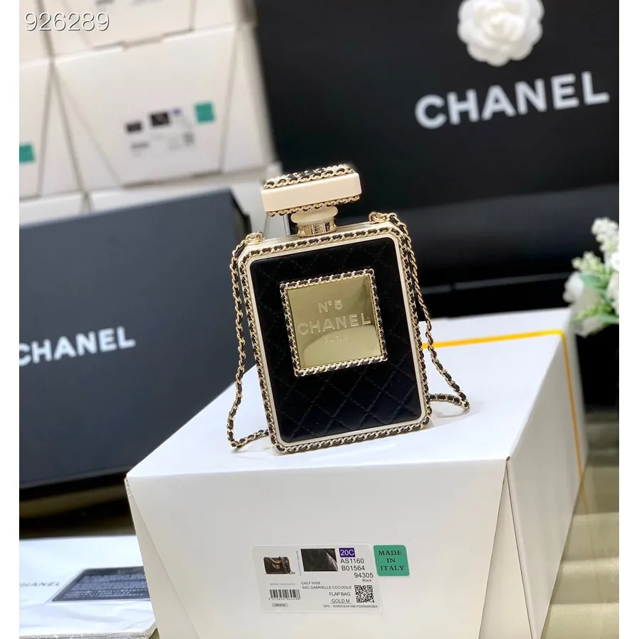 Τσάντα αρώματος Chanel 16cm As3263 δέρμα αρνιού, Plexi & σε χρυσό μεταλλικό χρυσό υλικό συλλογή άνοιξη/καλοκαίρι 2022, μαύρο