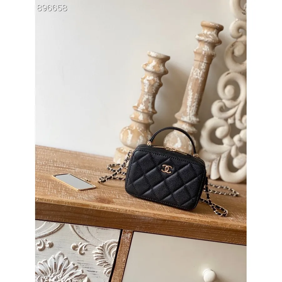 Geantă Chanel Sundust 14cm As2634 Piele De Vițel Granulată Hardware Auriu Colecția Primăvară/vară 2022, Negru