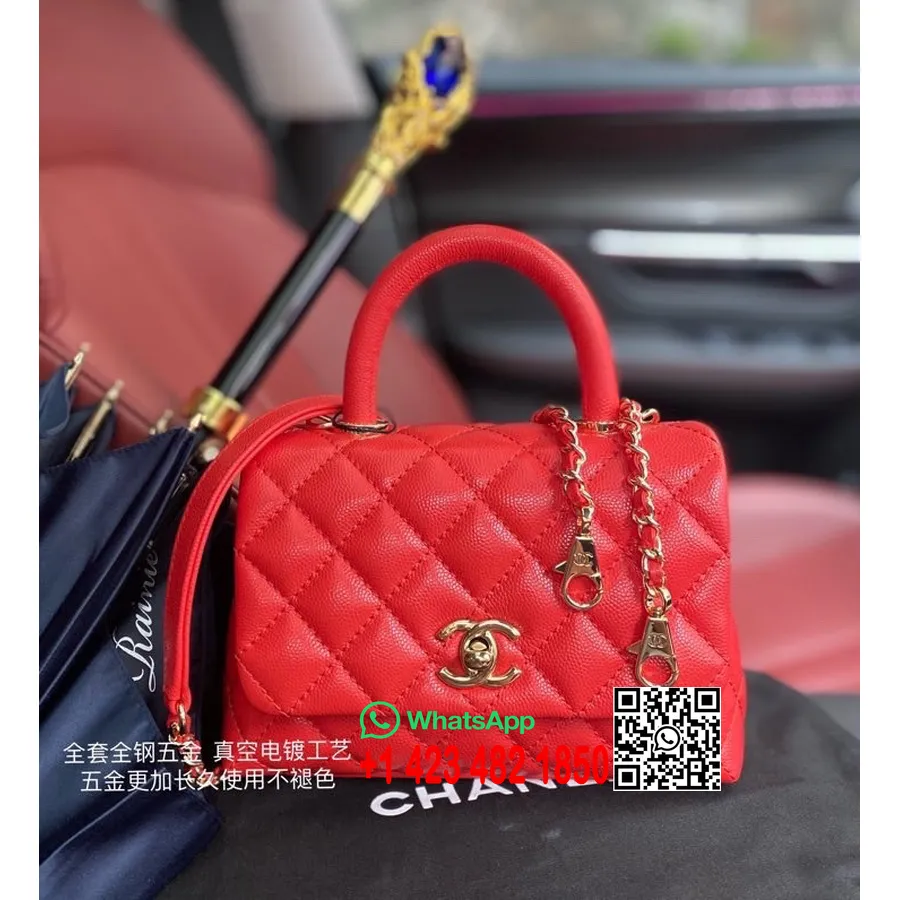 Chanel Mini Coco дръжка ватирана горна дръжка чанта 18 см As2215 хайвер кожа златен обков колекция пролет/лято 2022 г., червена