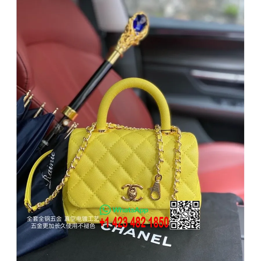 Chanel Mini Coco дръжка ватирана горна дръжка чанта 18 см As2215 хайвер кожа златен обков колекция пролет/лято 2022 г., жълт