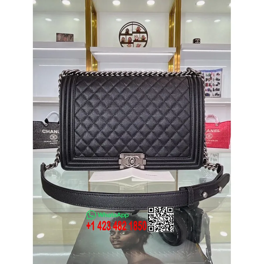 Chanel Erkek çocuk çantası 30cm A67087 Damarlı Dana Deri Antika Gümüş Donanım İlkbahar/yaz 2022 Koleksiyonu, Siyah