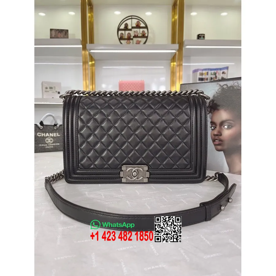 Chanel Boy Bag 28cm A67088 Lambskin Leather Antique Silver Hardware Spring/Summer 2022 Collection, Black