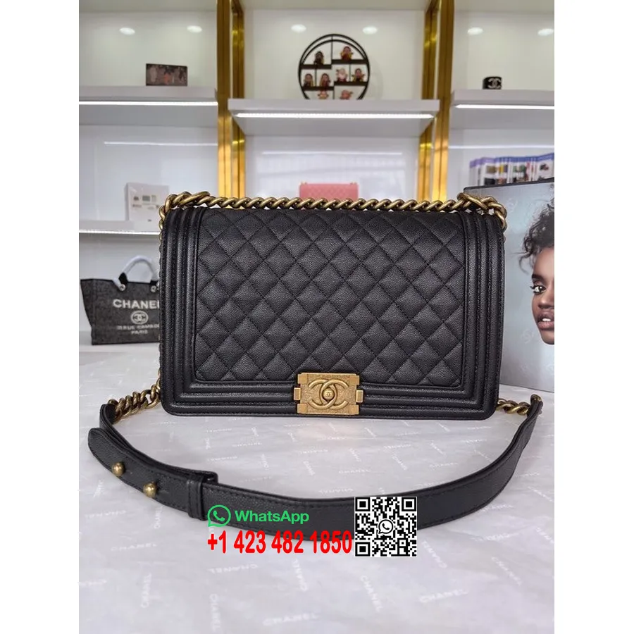 Chanel Zēnu Soma 28cm A67088 Graudaina Teļa āda Antīka Zelta Aparatūra 2022. Gada Pavasara/vasaras Kolekcija, Melna