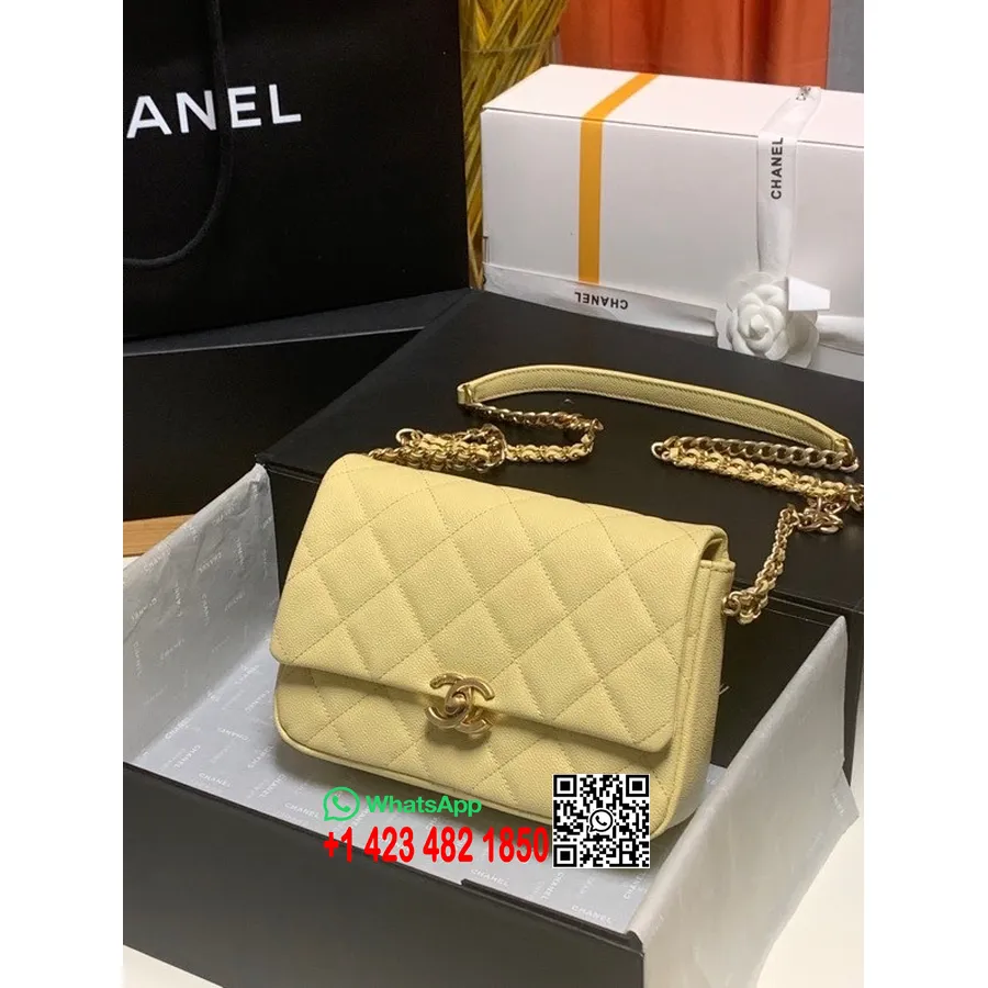 Chanel Sac à Rabat Melody 21cm As3103 Cuir De Veau Grainé Matériel Doré Collection Printemps/été 2022, Jaune