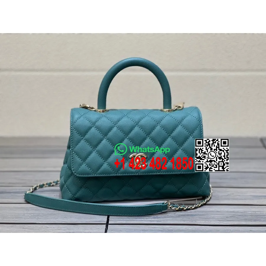 Sac Chanel Coco Handle Matelassé 20cm Cuir De Veau Grainé Matériel Doré Collection Printemps/été 2022, Bleu Sarcelle