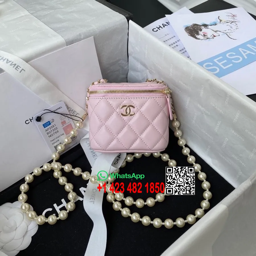 Bolso De Tocador Chanel Con Cadena Adornada Con Perlas 12 Cm Ap2581 Herrajes Dorados Piel De Cordero Colección Primavera/verano