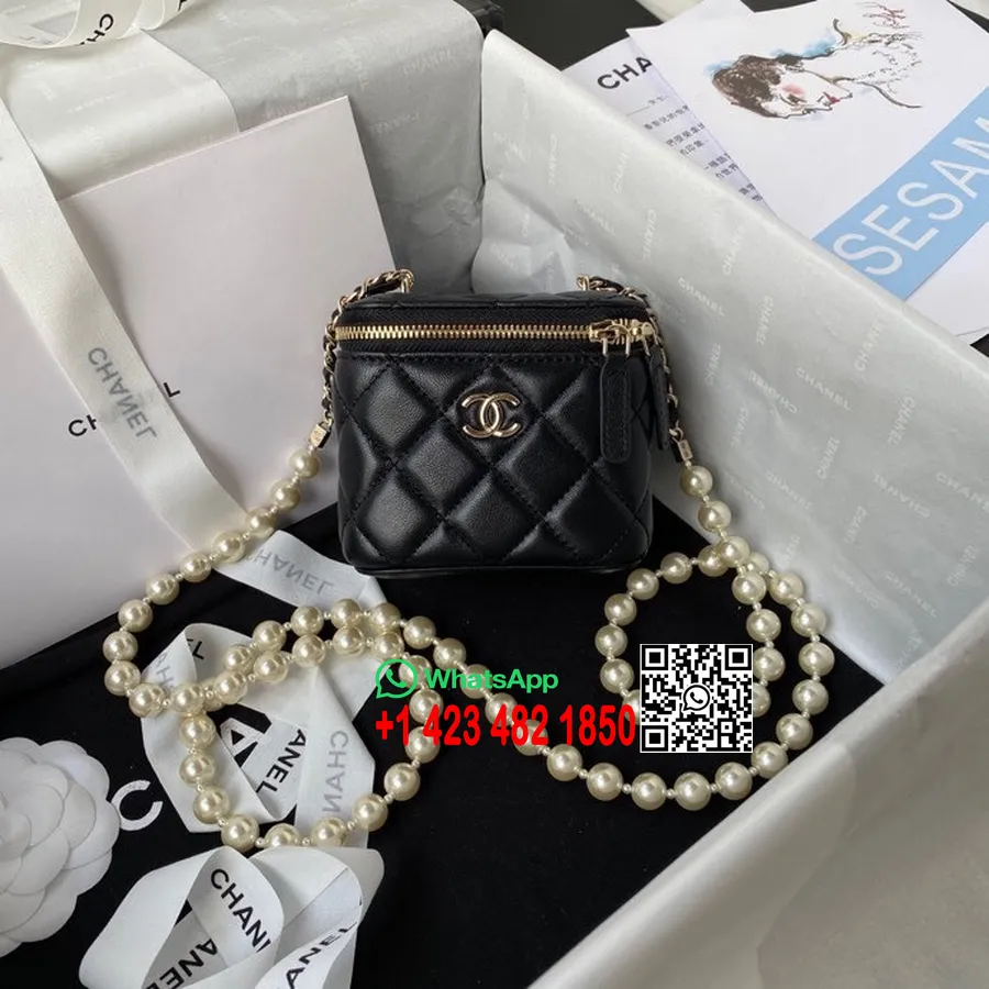 Bolso De Tocador Chanel Con Cadena Adornada Con Perlas 12 Cm Ap2581 Herrajes Dorados Piel De Cordero Colección Primavera/verano