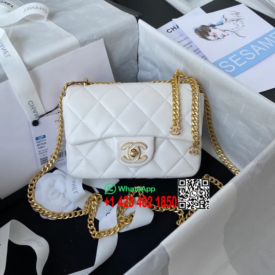 Chanel Mini Kapaklı çanta Emaye Zincir çanta 18cm As3113 Kuzu Derisi Altın Donanımı İlkbahar/yaz 2022 Koleksiyonu, Beyaz