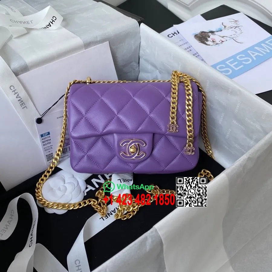 Chanel Mini Füles Táska Zománcozott Lánctáska 18cm As3113 Báránybőr Arany Hardver 2022 Tavaszi/nyári Kollekció, Lila