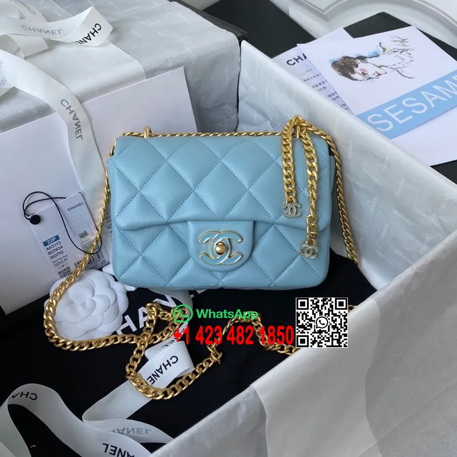 Chanel Mini Flap Táska Zománcozott Láncos Táska 18cm As3113 Báránybőr Arany Hardver 2022 Tavaszi/nyári Kollekció, Kék