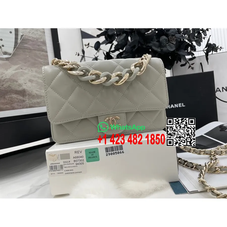 Chanel класическа ватирана чанта Woc 20 см As81171 агнешка кожа златен обков колекция пролет/лято 2022 г., сиво