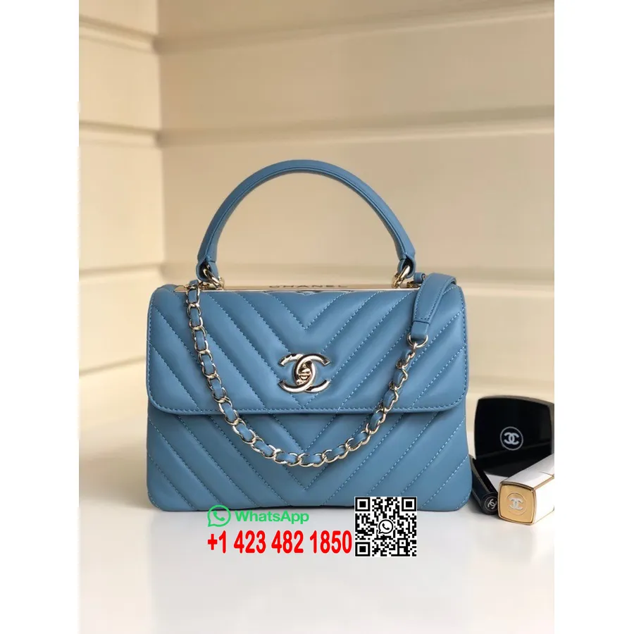 Chanel Chevron Moderna Cc Soma 25cm As92236 Zelta Aparatūra Jēra āda 2022 Pavasara/vasaras Kolekcija, Zila