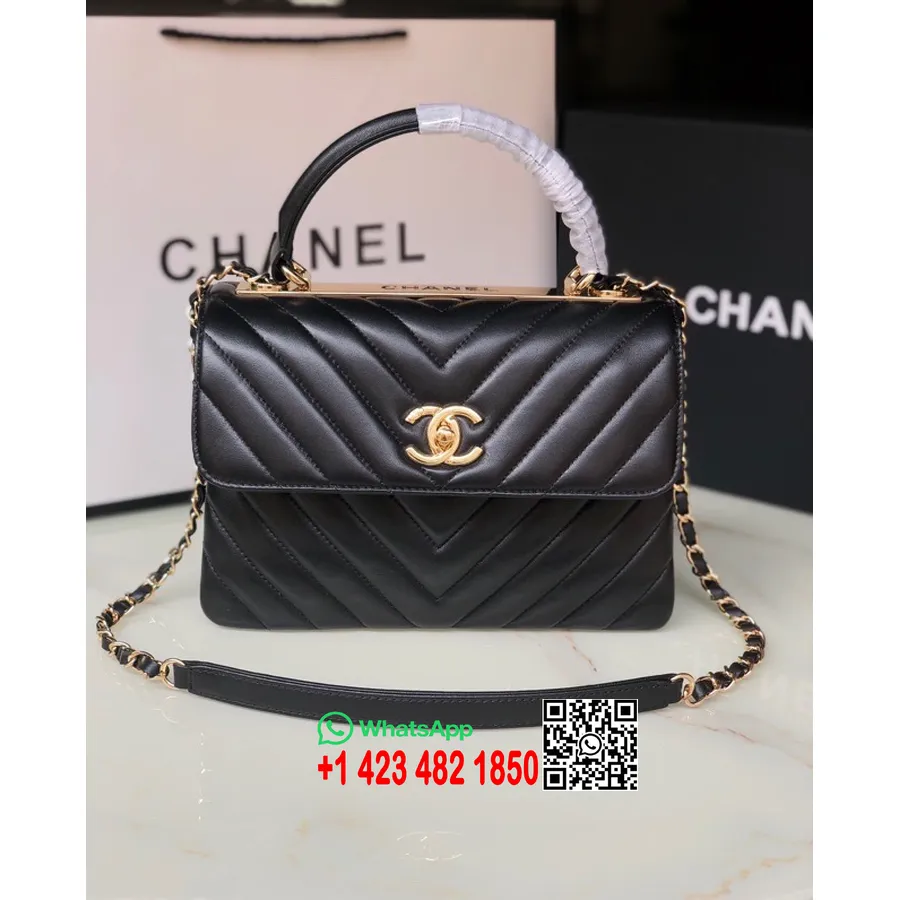 Chanel Chevron Trendy Taška Cc 25cm As92236 Zlatý Hardvér Z Jahňacej Koženej Kolekcie Jar/leto 2022, čierna