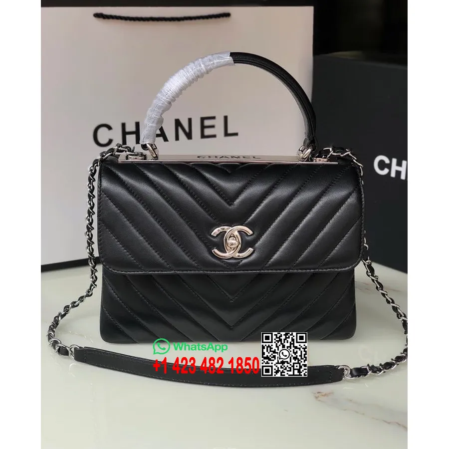 Chanel Chevron Trendy Taška Cc 25cm As92236 Strieborný Hardvér Z Jahňacej Koženej Kolekcie Jar/leto 2022, čierna