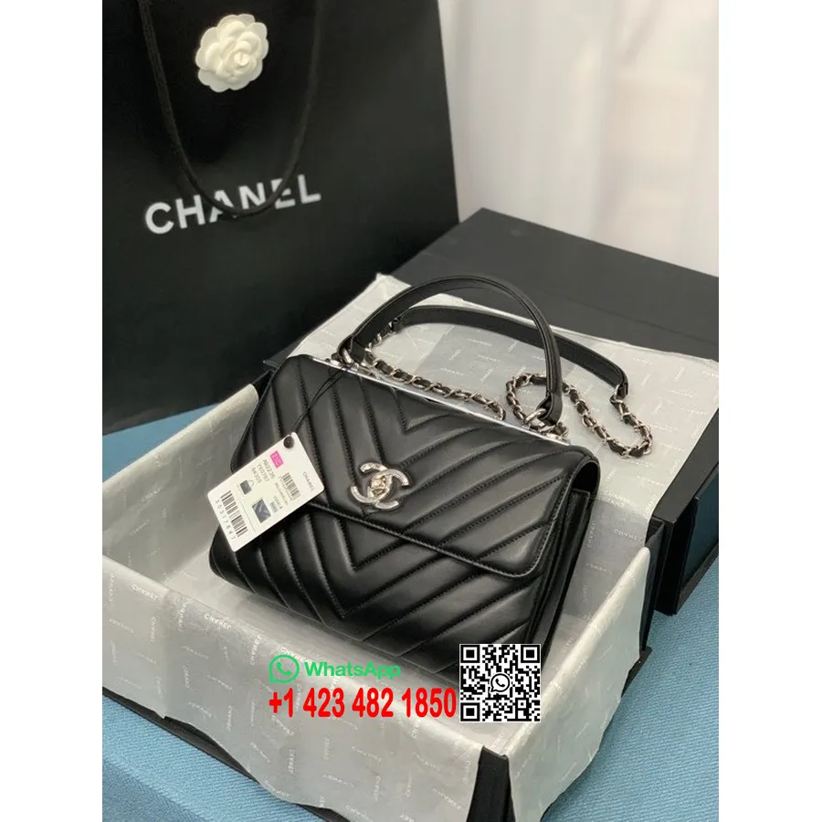 Chanel Chevron Trendy Taška Cc 25cm As92236 Strieborný Hardvér Z Jahňacej Koženej Kolekcie Jar/leto 2022, čierna