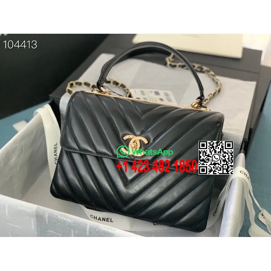 Chanel Chevron Trendy Taška Cc 25cm As92236 Zlatý Hardvér Z Jahňacej Koženej Kolekcie Jar/leto 2022, čierna