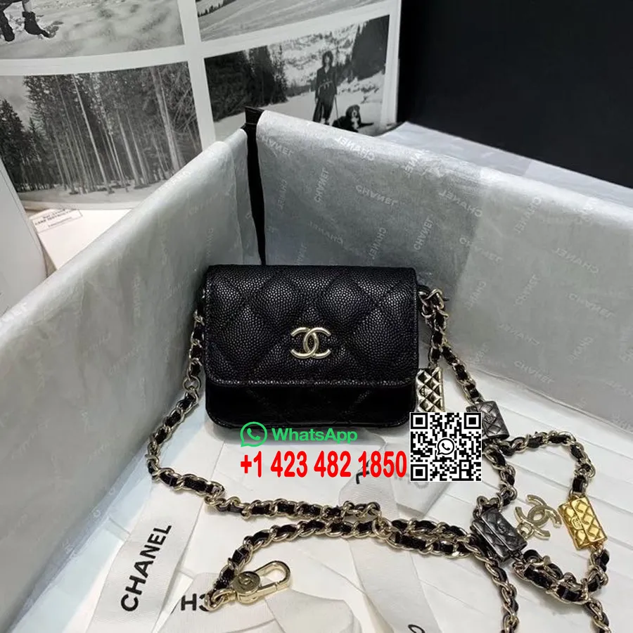 Chanel Charm Mini Card Bag 10cm AS81161 Gold Hardware Grained Calfskin Leather Spring/Summer 2022 Collection, Black