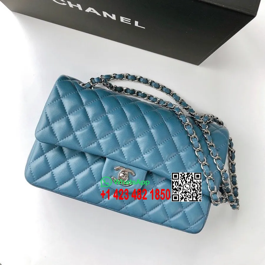 Bolso Clásico Con Solapa De Chanel 25 Cm As1112 Herrajes Plateados Piel De Cordero Colección Primavera / Verano 2022, Verde Azul