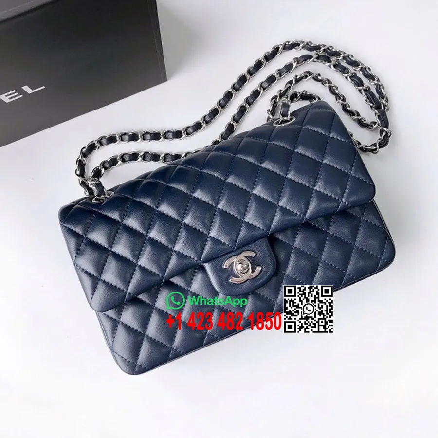 Bolso Clásico Con Solapa Chanel 25 Cm As1112 Herrajes Plateados Piel De Cordero Colección Primavera / Verano 2022, Azul Oscuro