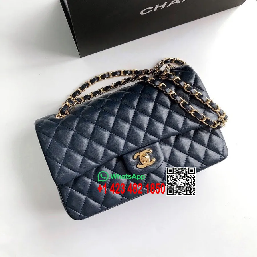 Bolso Clásico Con Solapa Chanel 25 Cm As1112 Herrajes Dorados Piel De Cordero Colección Primavera / Verano 2022, Azul Oscuro