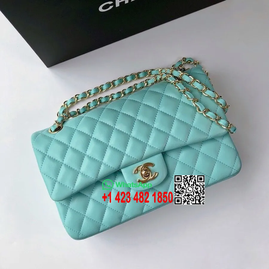 Bolso Clásico Con Solapa Chanel 25 Cm As1112 Herrajes Dorados Piel De Cordero Colección Primavera/verano 2022, Turquesa