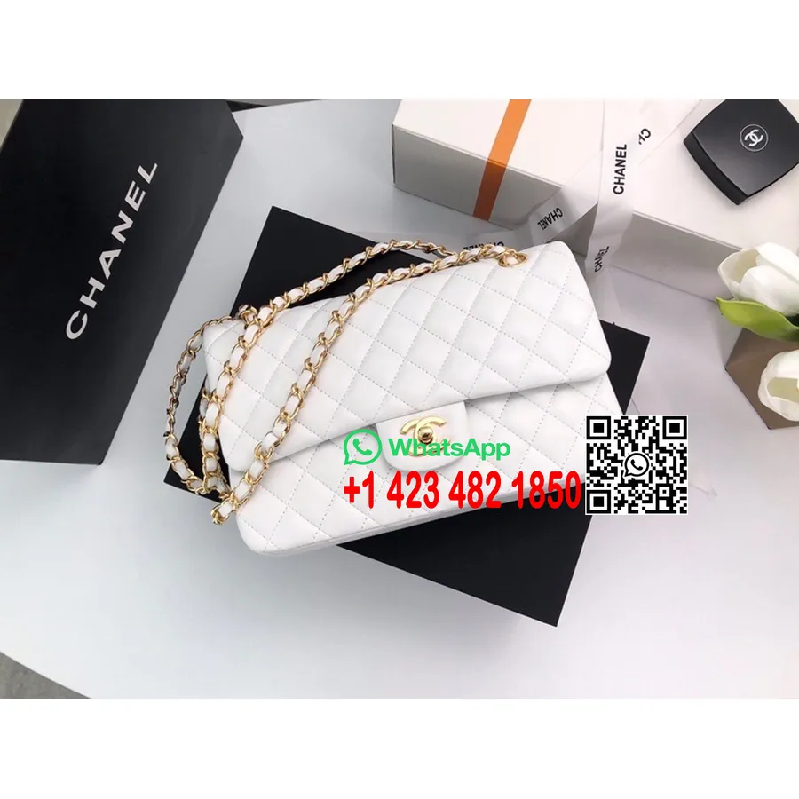 Bolso Clásico Con Solapa De Chanel 25 Cm As1112 Herrajes Dorados Piel De Cordero Colección Primavera / Verano 2022, Blanco