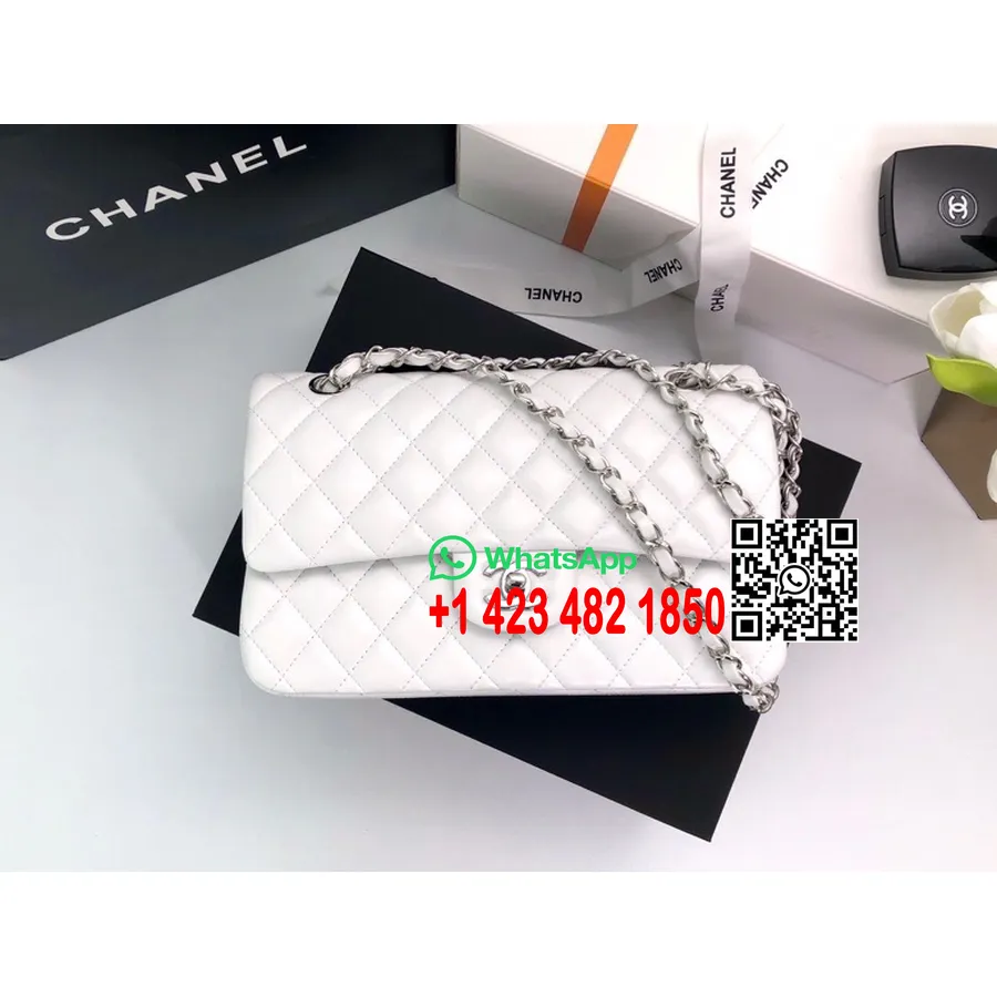 Chanel Klassisk Flikväska 25cm As1112 Silver Hårdvara Lammskinn Vår/sommar 2022 Kollektion, Vit