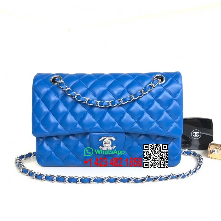 Bolso Clásico Con Solapa Chanel 25 Cm As1112 Herrajes Plateados Piel De Cordero Colección Primavera / Verano 2022, Azul Eléctric