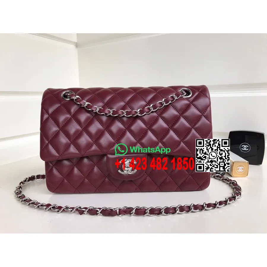 Chanel Classic Flap Taske 25cm As1112 Sølv Hardware Lammeskind Forår/sommer 2022 Kollektion, Bordeaux