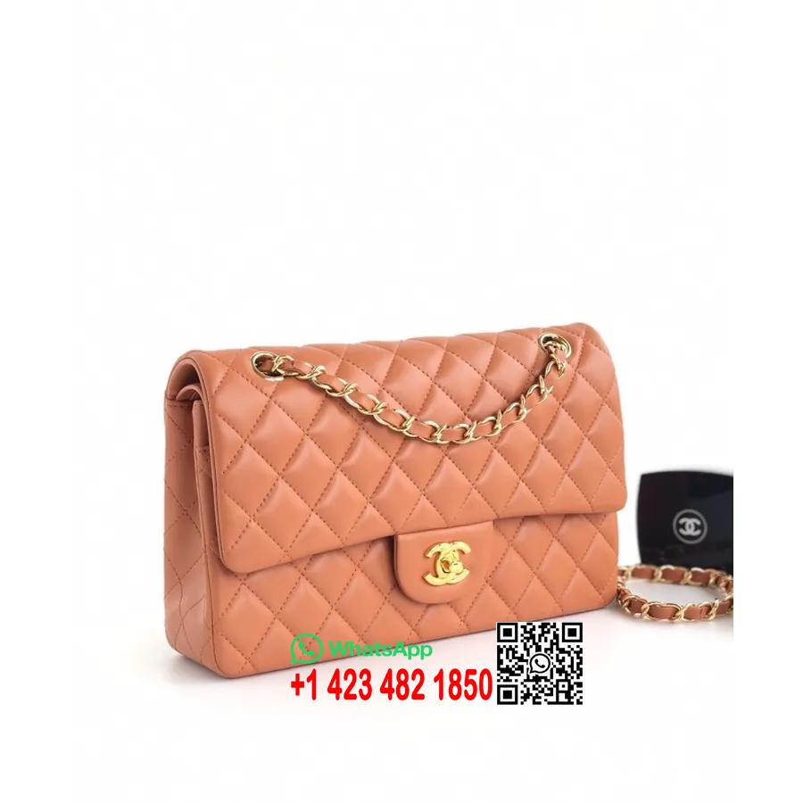 کیف چرم کلاسیک Chanel 25cm As1112 طلایی چرم سخت افزاری چرم بره بهار/تابستان 2022، قهوه ای