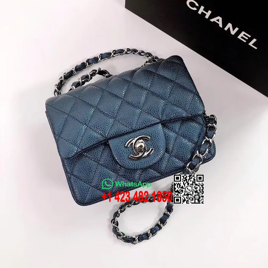 Chanel Klasická Mini Taštička S Chlopňou 18cm As1115 Strieborný Hardvér Zrnitá Teľacia Koža Kolekcia Jar/leto 2022, Modrá Metalí