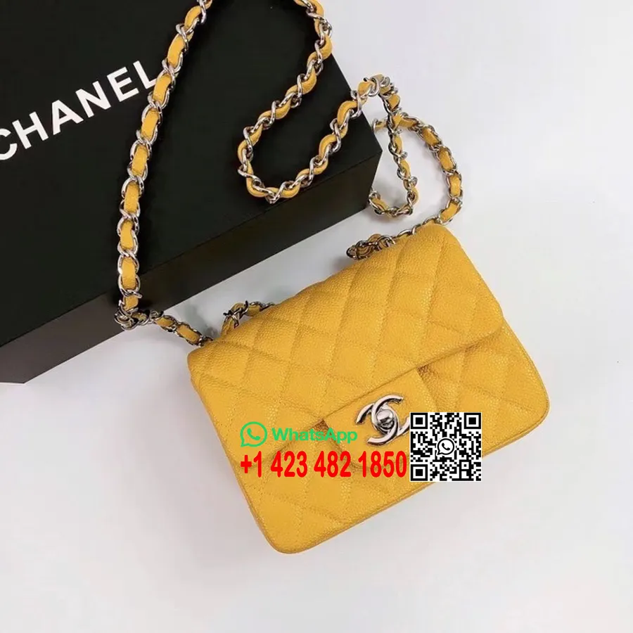 Chanel Klasická Mini Taštička S Chlopňou 18cm As1115 Strieborný Hardvér Zrnitá Teľacia Koža Kolekcia Jar/leto 2022, žltá