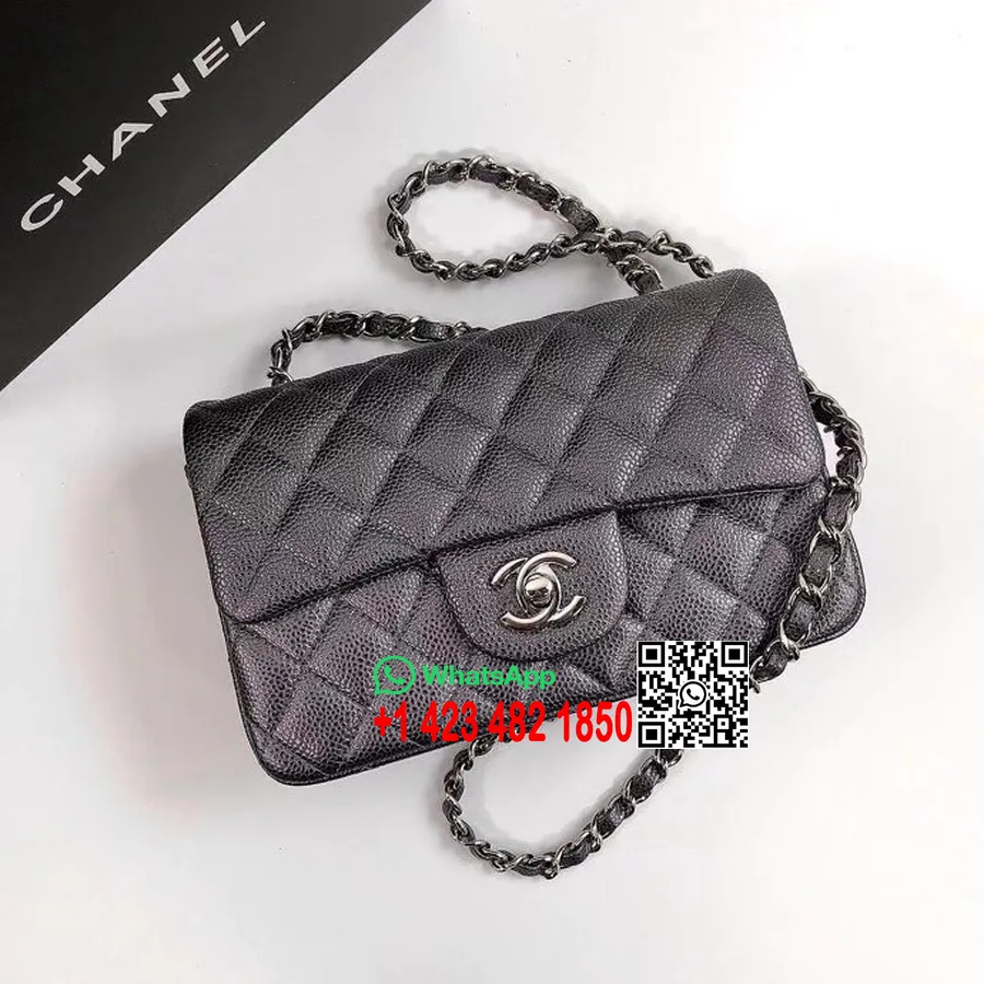 Chanel Classic Mini Kapaklı Çanta 20cm As1116 Gümüş Donanım Damarlı Dana Deri İlkbahar/yaz 2022 Koleksiyonu, Gece Siyahı