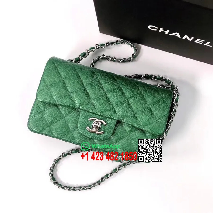 Chanel Classic Mini Kapaklı Çanta 20cm As1116 Gümüş Donanım Damarlı Dana Deri İlkbahar/yaz 2022 Koleksiyonu, Yeşil