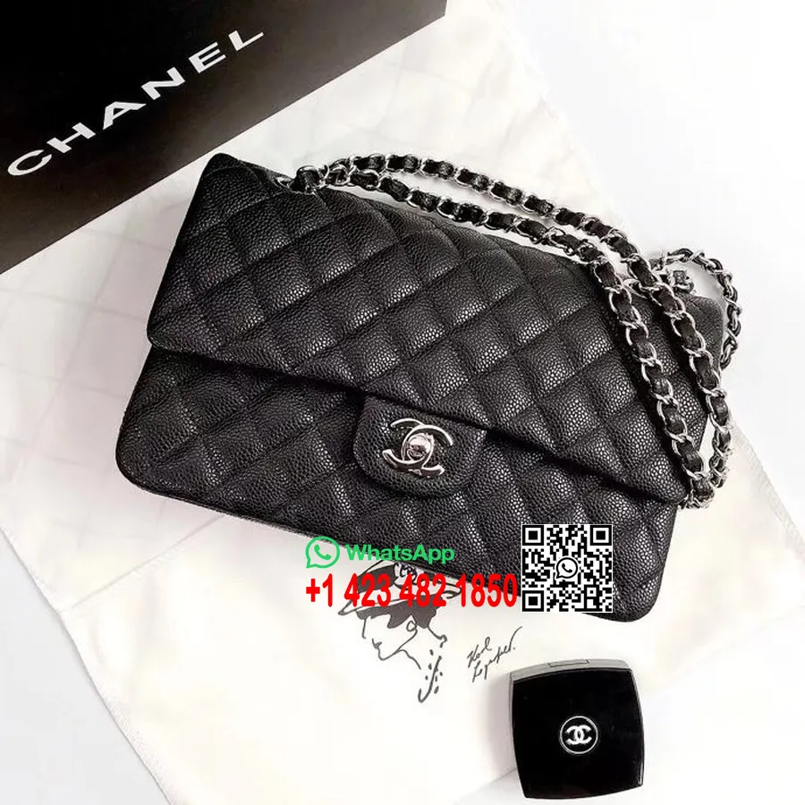 Tas Penutup Klasik Chanel 25cm As1112 Koleksi Perangkat Keras Perak Kulit Anak Sapi Berbutir Musim Semi/musim Panas 2022, Hitam