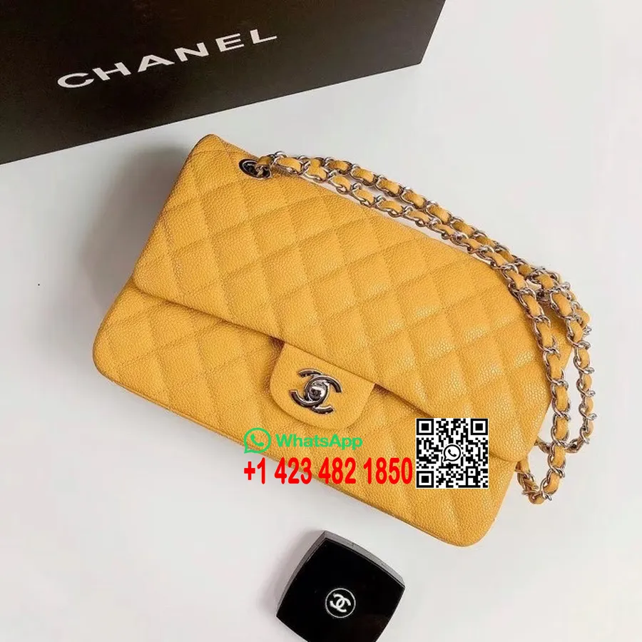 Chanel Sac à Rabat Classique 25cm As1112 Matériel Argenté Cuir De Veau Grainé Collection Printemps/été 2022, Jaune