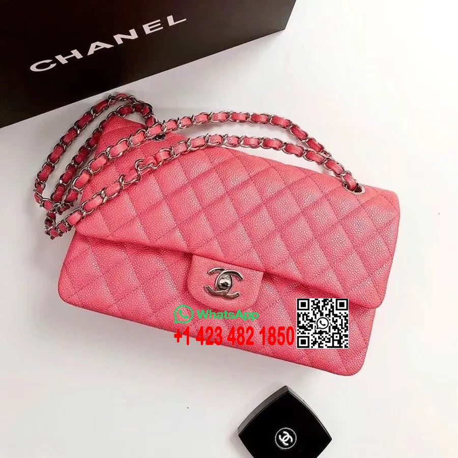 Chanel Sac à Rabat Classique 25cm As1112 Matériel Argenté Cuir De Veau Grainé Collection Printemps/été 2022, Rose Métallisé