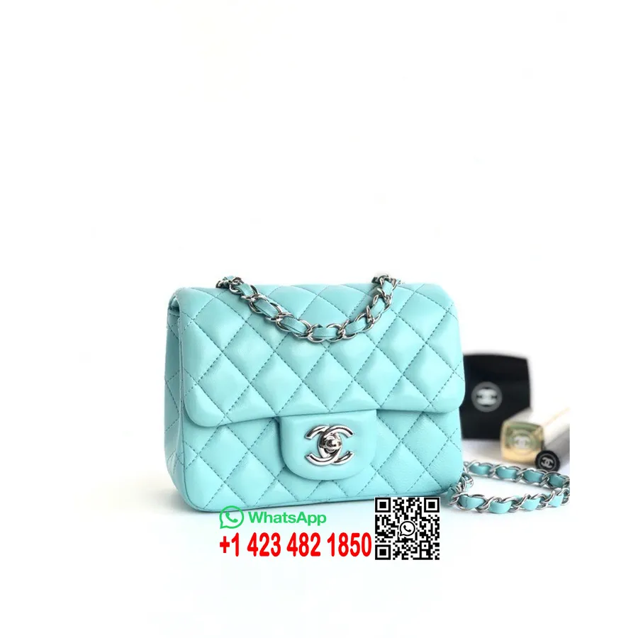 Chanel Classic Mini Sac à Rabat 18cm As1115 Matériel Argenté Cuir D'agneau Collection Printemps/été 2022, Turquoise